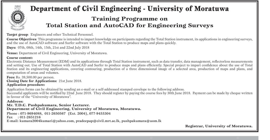 Training Programme on Total Station & AutoCAD for Engineering Surveys - Department of Civil Engineering - University of Moratuwa